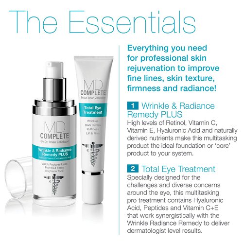 MD Complete Eye Wrinkle Duo | Professional Dermatologist Skin Rejuvenation | includes Wrinkle & Radiance Remedy PLUS with Retinol and Total Eye Treatment with Hyaluronic Acid and Peptides | Set of Two