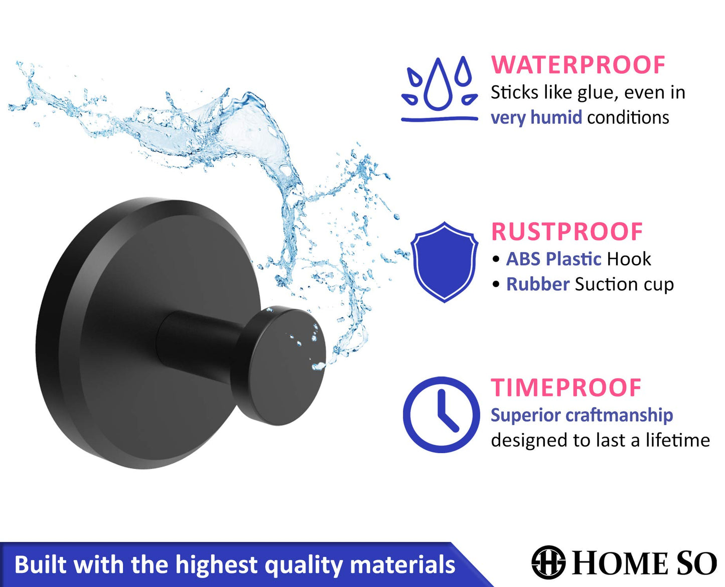 HOME SO Suction Cup Hooks for Shower, Bathroom, Kitchen, Glass Door, Mirror, Tile – Loofah, Towel, Coat, Bath Robe Hook Holder for Hanging up to 15 lbs – Waterproof & Rustproof, Matte Black (2-Pack)