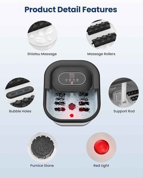 COMFIER Collapsible Foot Spa Bath Massager with Heat, Pedicure Foot Spa with Bubbles, Red Light, Pumice Stone and Shiatsu Massage Rollers, Heated Bath Spa for Relaxation and Stress Relief (Black)