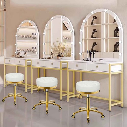 XCRFKGW Gold Rolling Vanity Stool with Wheels, Salon Spa Tattoo Massage Pedicure Chair, PU Leather Roller Chair, 43-55cm Height Adjustable Office Work Swivel Stool (White, Without Back)
