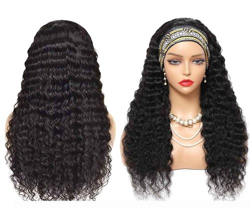 Aiterina Headband Wig for Black Woman 20 inch Brazilian Human Hair Wigs Deep Curly Wave Headband Wig Natural Color