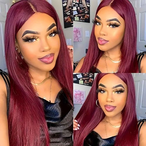 LUOSIWLD 99j Lace Front Wigs Human Hair Glueless Transparent Wigs for Women Burgundy Straight 150% Density 13×4 HD 24 inch