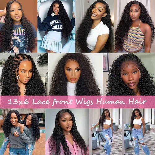 ANLILI 28 Inch Deep Wave Lace Front Wigs Human Hair 13x6 Deep Wave Wigs Human Hair 200% Density HD Lace Frontal Wigs for Balck Women Pre Plucked Glueless Deep Curly Wig Natural Black