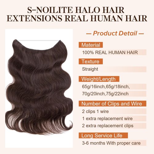 Halo Hair Extensions Real Human Hair,S-noilite 100% Wavy Human Hair Halo Extensions for Women,65g/16inch 02 Dark Brown