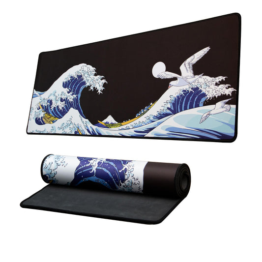 XVX Japanese Sea Wave Large Mouse Pad for Desk, Desk Mat with Seamed Edges, Waterproof Desk Pad, Gaming Mouse Pad Non-Slip Rubber Base, 31.5x11.8 Inch 3mm Thick Keyboard Pad Computer Mat, Kanagawa