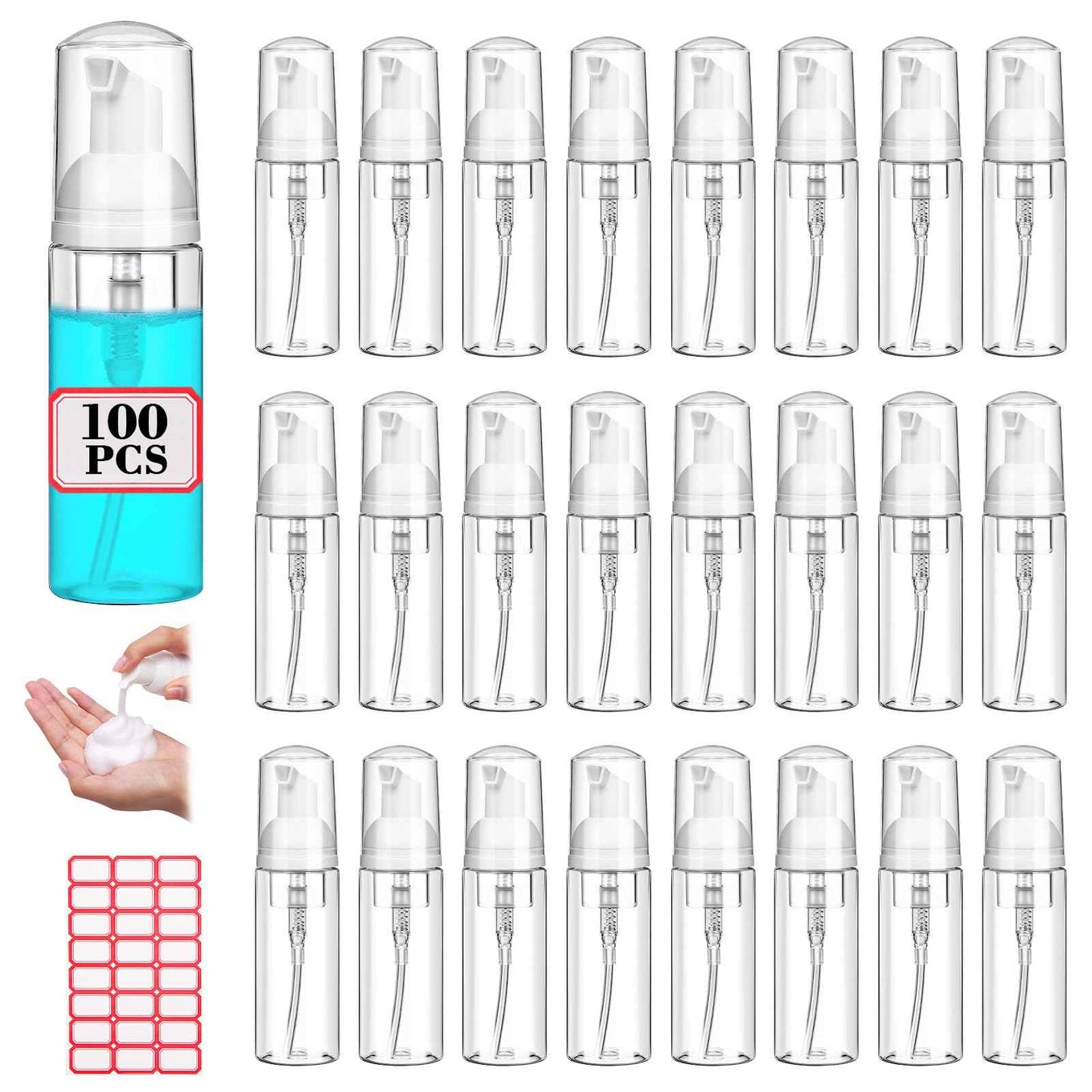 100 Pcs 2 oz Plastic Foam Pump Bottle Refillable 60ml Travel Mousse Foaming Soap Dispenser Mini Eyelash Cleaning Foam Bottle Dispenser for Face Wash Lash Shampoo Skin Care