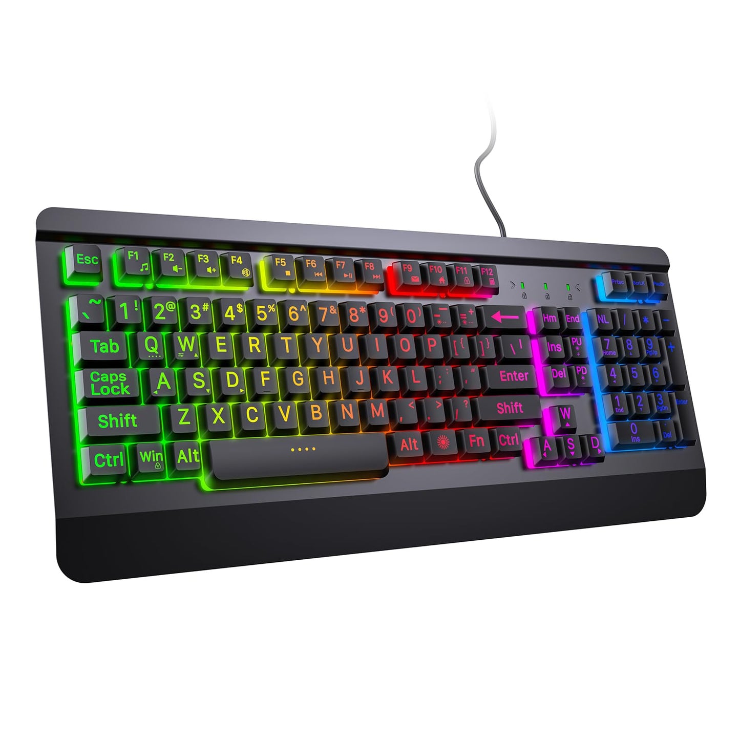 Acebaff Gaming Computer Keyboard with Large Print Keys, 104 Keys All-Metal Panel, Rainbow LED Backlit, Wrist Rest, Multimedia, Anti-Ghosting, Waterproof Light Up Wired Keyboard for PC Mac Gamer