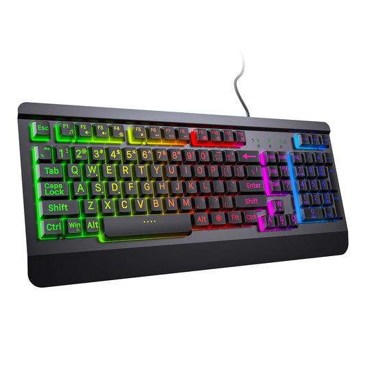 Acebaff Gaming Computer Keyboard with Large Print Keys, 104 Keys All-Metal Panel, Rainbow LED Backlit, Wrist Rest, Multimedia, Anti-Ghosting, Waterproof Light Up Wired Keyboard for PC Mac Gamer
