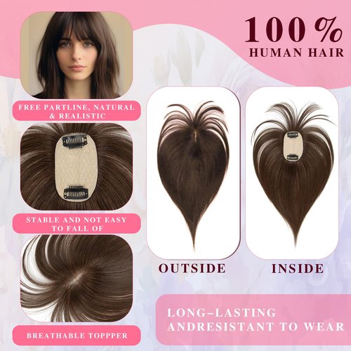 EAVFEFE Topperds for Thinning Hair: 12 Inch Womens Hair Topper 4# Medium Brown - Real Human Hair, Bangs & 360° Full Cover with 2 Clips (12in 4#)