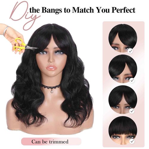 Fancy Hair Wavy Brazilian Virgin Human Hair Wigs with Bangs for Black Women Lace Middle Part Glueless Body Wave Wig With Bangs for Women Natural Black 18 inches