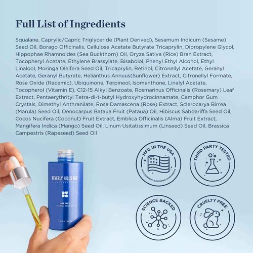 Beverly Hills MD Age Defy Retinol Body Oil- Reduce Wrinkles, Lift, Firm & Tighten Skin w/Marula- Hydrate Crepey Skin & Support Collagen- Anti-Aging for Sagging Skin- Chest, Neck, Arms, Hands, Thighs