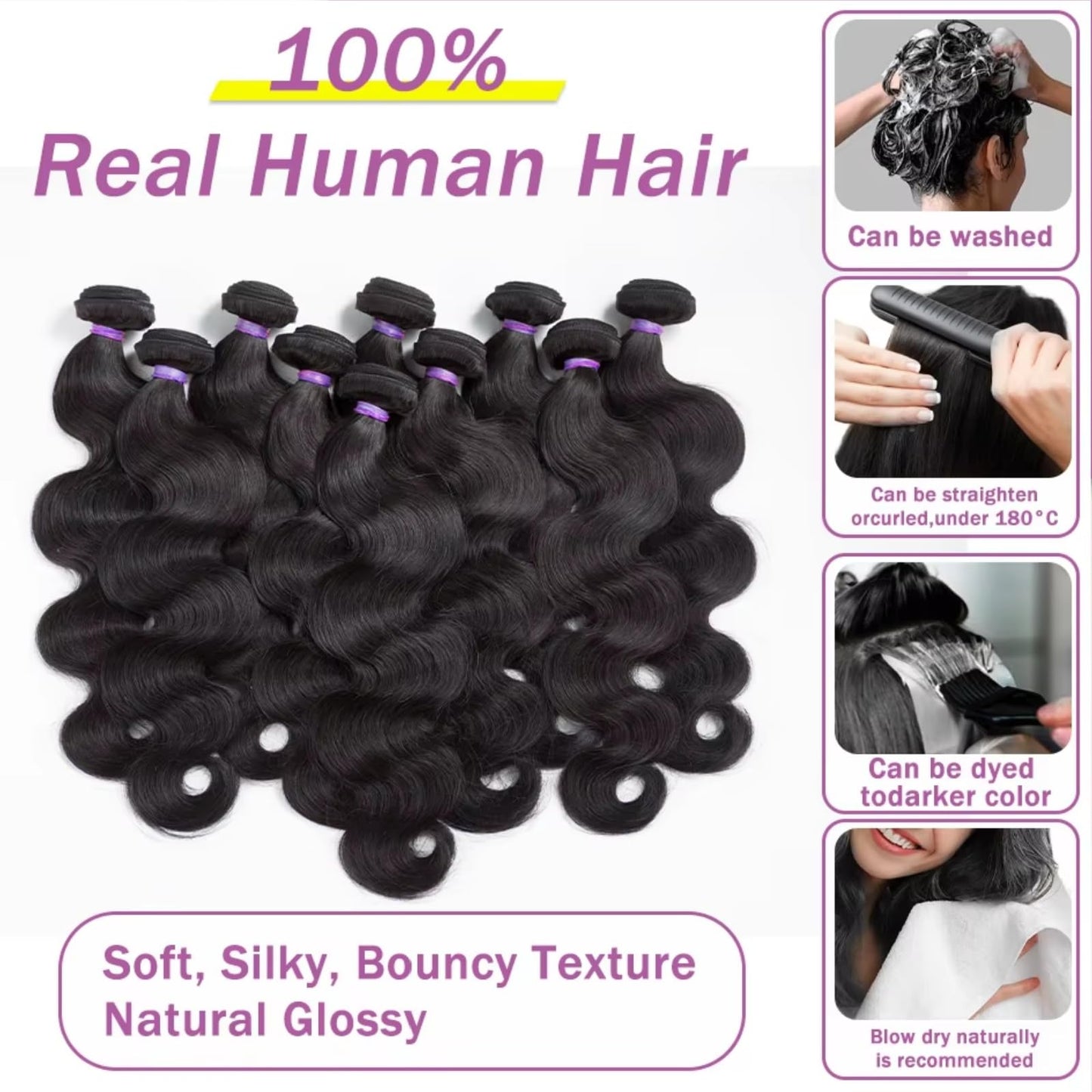 12A Human Hair Bundles 20 22 24 26 Inch Body Wave 100% Unprocessed Brazilian Virgin Hair 4 Bundles Deals Human Hair Extensions Quick Weave Human Hair Natural Black Color