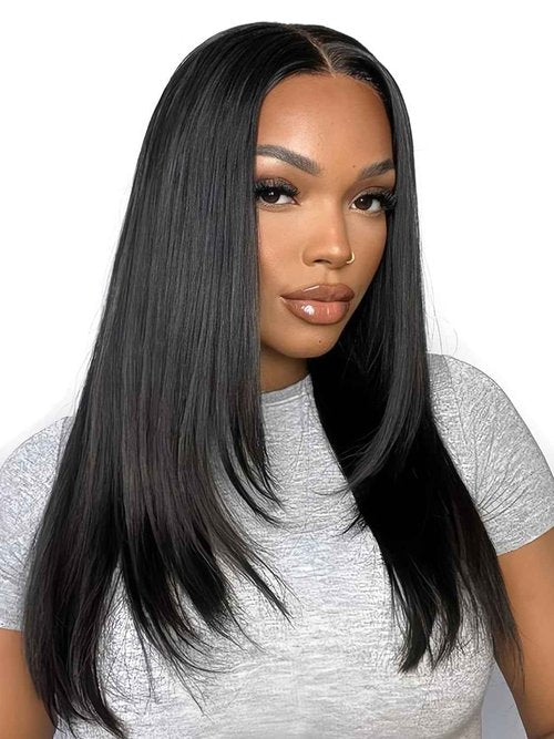 eool Layered Wig Face-Framing Glueless Wigs Human Hair Pre Plucked Pre Cut 200 Density 6X6 Straight HD Lace Front Ready To Wear Wigs Glueless Human Hair For Black Women Beginner Friendly 16 Inch