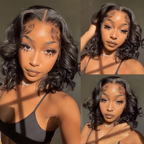 Cfaimity Lace Front Wigs Human Hair Short Bob Wigs 13x4 Body Wave Lace Frontal Wig Pre Plucked with Baby Hair 180% Density Black Women Brazilian Virgin Real Hair Natural Color 16Inch