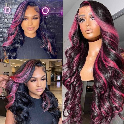 KeaBalo Ombre Lace Front Wig Human Hair Skunk Stripe Human Hair Wigs 13x4 Hd Lace Frontal Body Wave Highlight Pink and Black Colored Wigs Human Hair 180% Density 26 Inch