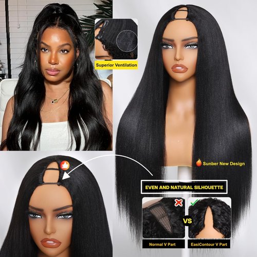 Sunber V Part Wig Human Hair Glueless Wig Yaki Straight Upgrade No Leave Out Vpart Yaki Straight Wigs 150% Density Glueless Clip in Half Wigs No Glue No Sew in Beginner Friendly 16Inch