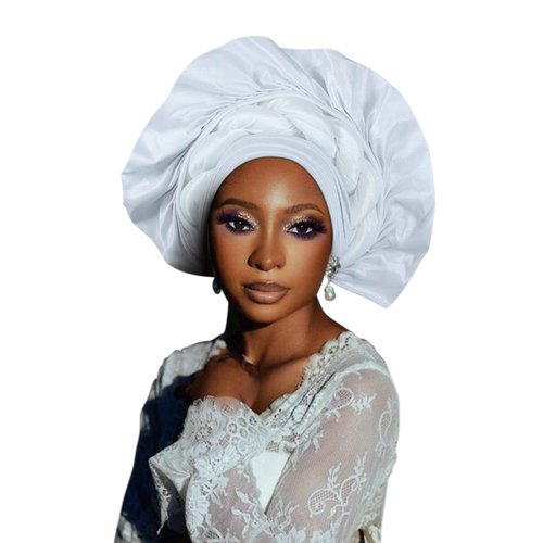 Elegant Polyester African Headscarf-Stretchable Traditional Nigerian Wedding Headpiece, Automatic Gurler Style Fan Headscarf (White)