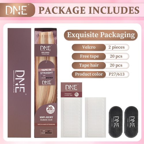 DNE Tape in Hair Extensions Real Human Hair 22 inches 20Pcs/50g/Pack Seamless #27/613 Light Color Straight Invisible Double Sided Tape in Hair Extensions for Women/Girls Can Bleached and Curl