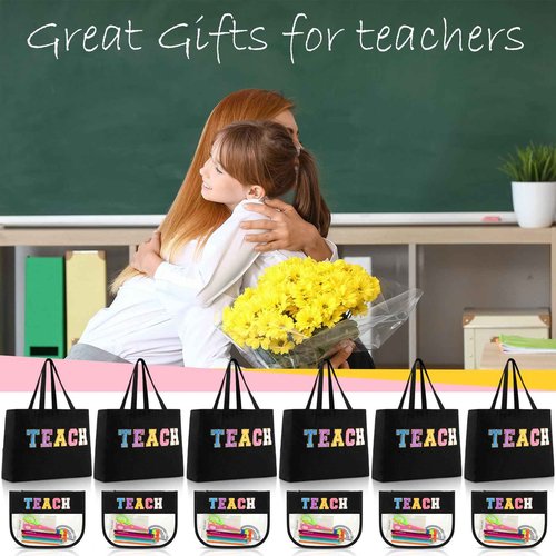 Talltalk 12 Pcs Teacher Tote Bags Bulk, Black Appreciation Gifts Chenille Letters Totes Bags with Makeup Pouch Set for Easter Graduation Party Teacher Gifts