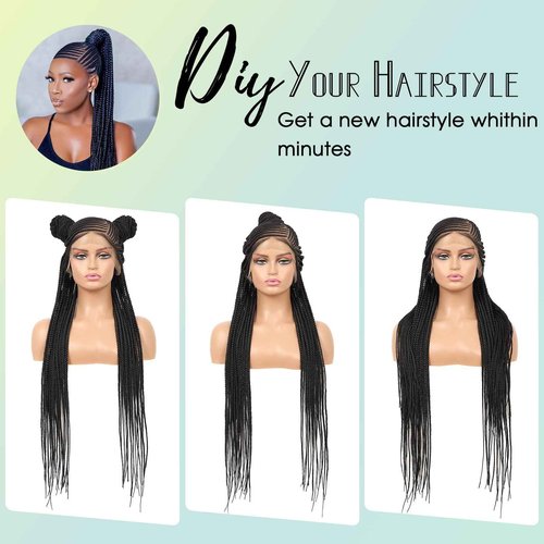 Fecihor 13x8 Inch HD Lace Front Cornrow Braided Wigs For Women Box Braid Wig With Baby Hair Back Lemonade Braids 36" Black Premium Synthetic Box Braided Wig Transparent Lace Front Braids Wigs