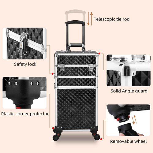 Somduy Rolling Makeup Case 3 in 1,Professional Makeup Train Case organizers,Large Storage Cosmetic case Trolley,Makeup Travel Case for Salon Barber Black