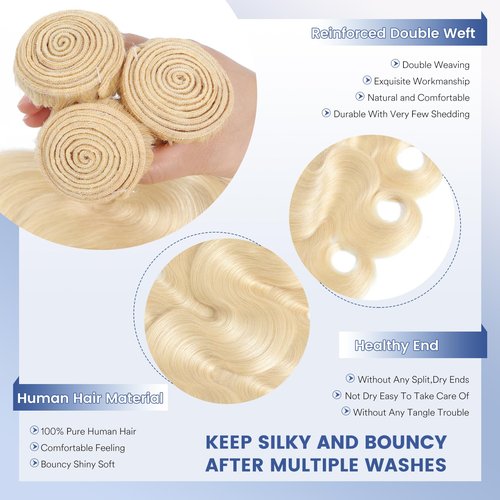 16A 613 Bundles Human Hair Blonde Body Wave 12 14 16 inch, 100% Real Human Hair No Synthetic Blended Sew in Quick Weave Bundles Human Hair Extensions Double Weft, Triple Lifespan 3X, Can Be Dyed