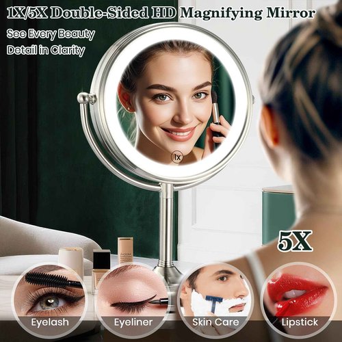 VESAUR 11.8" Extra Large 17" Tall Lighted Makeup Mirror, 1X/5X/10X 3-Sided Magnifying Mirror with 96 LEDs, 3 Color Dimmable Lights, 360° Swivel Dual Power Vanity Mirror, Nickel Finish - Great Gift