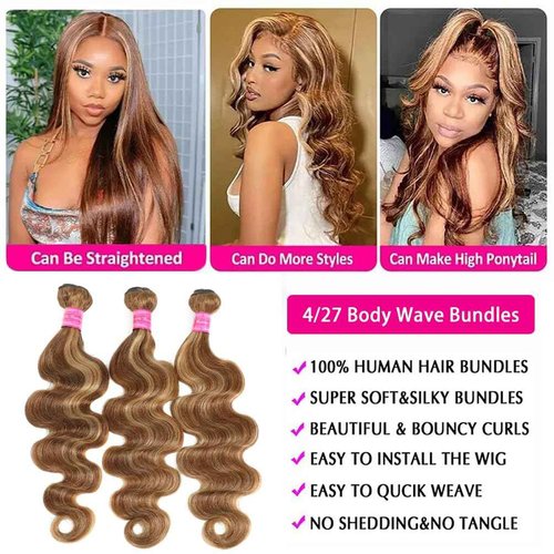 YISEA Ombre Highlight Body Wave Bundles Human Hair 12A Honey Blonde P4/27 Human Hair Body Wave 4 Bundles (18 20 22 inch) 100% Unprocessed Brazilian Virgin Hair Bouble Weft Natural Weave