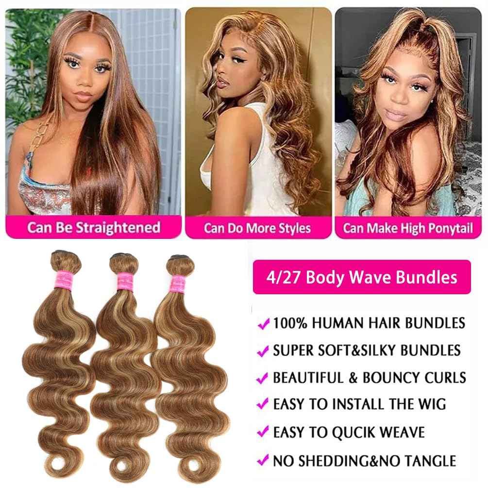 Highlight Human Hair Bundles Body Wave P4/27 Ombre Brown Body Wave Bundles Colored (14 16 18 Inches) Honey Blonde Human Hair Brazilian Virgin Hair Weave 100% Natural Herbal Dyeing