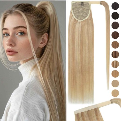 Rich Choices Ponytail Extension 100% Real Human Hair Wrap Around Remy Ponytail Extension for Women Clip In Long Pony tail Extensions Straight 22 Inch #18P613 Ash Blonde Highlighted Bleach Blonde