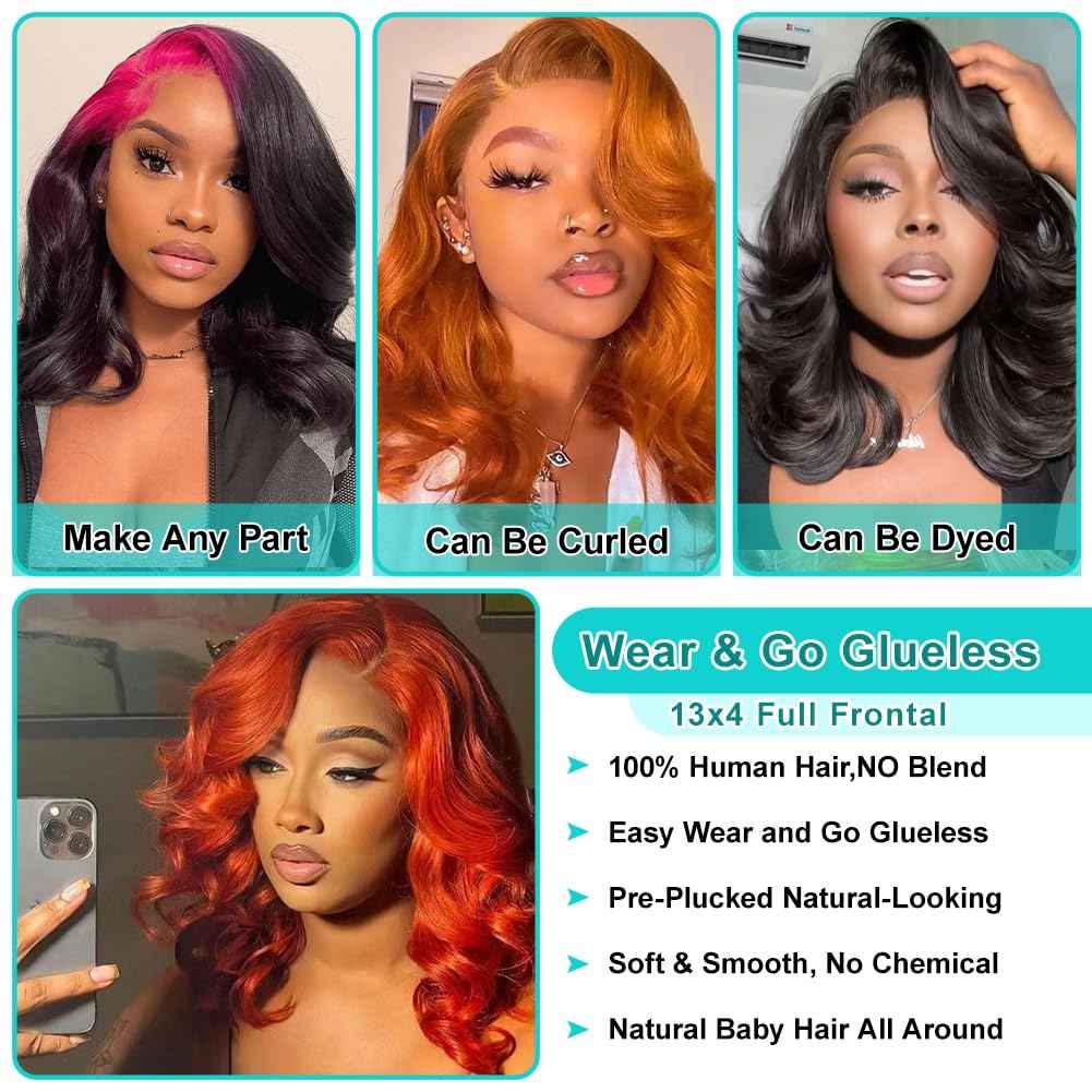 350 Ginger Orange Lace Front Wigs Human Hair Pre Plucked 13x4 Transparent HD Lace Frontal Wigs with Baby Hair Body Wave Bob Wig Human Lace Front Wigs for Black Women 180% Density 16 inch
