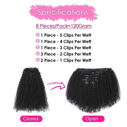 Afro Kinky Curly Clip In Hair Extensions 120g Brazilian Virgin Human Hair for Black Women 4B 4C Natural Black 8Pcs 20 Clips Seamless & Tangle-Free 20 Inch