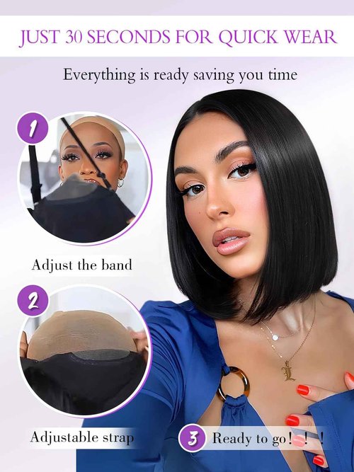 Xinjiju Bob Glueless Wigs Human Hair Pre Plucked Pre Cut 6x4 HD Lace Front Wigs Wear and Go Short Straight Bob Wigs for Black Women 150% Density Natural Black for Daily Use 14 Inch