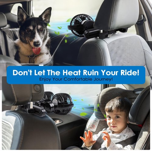 XOOL Electric Car Fans for Rear Seat Passenger Portable Fans Headrest 360 Degree Rotatable Backseat Car Fan 12V Cooling Air Fan with Stepless Speed Regulation for Vehicles, SUV, RV