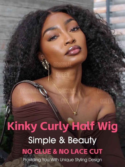 ORIGINAL QUEEN Kinky Curly Half Wig Human Hair Wear And Go Glueless Wigs Curly 3 In 1 Half Wigs for Women Drawstring Seamless Flip Over Glueless Wigs Beginner Friendly 18 Inch