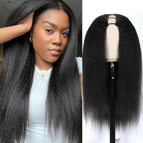Ainmeys Kinky Straight U Part Wigs 200% Brazilian Yaki Straight Upgrade U Shape Human hair Wigs With Drawstring for Women No leave out wear and go Glueless Clip In Half Wigs (22IN)