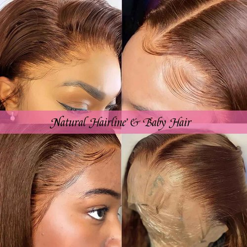 OiMiGO Highlight 13x6 Lace Front Human Hair Wig for Women,Ombre Straight Skilly Lace Frontal Wigs 10A Brazilian Hair,Pre Plucked with Natural Hairline colored Brown with Auburn Wigs #4T4/30(20Inch)