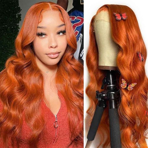 Aoque Ginger Orange Lace Front Wigs Human Hair Body Wave 13x4 Hd Transparent Lace Frontal Wigs for Women 350# Colored Glueless Wigs Brazilian Remy Human Hair 180% Density Pre Plucked 26 Inch
