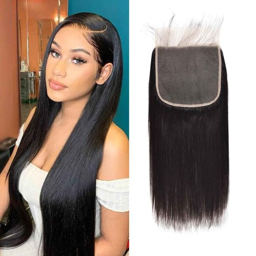 7x7 Transparent Closure Straight 100% Unprocessed Human Hair Virgin Remy Human Hair Free Part Pre-Plucked With Baby Hair Natural Hairline Natural Black Color 20 Inch