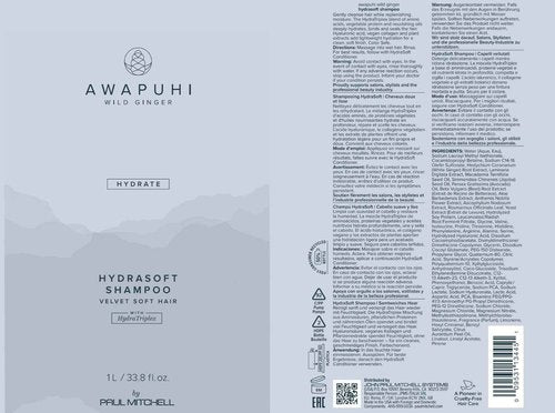 Awapuhi Wild Ginger by Paul Mitchell HydraSoft Shampoo, For Velvety Soft Hair, Ideal For All Hair Types, Especially Dry + Frizzy Hair, 33.8 fl. oz
