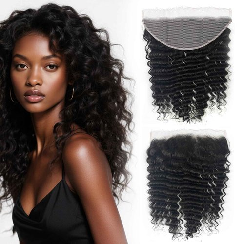Filelf 13x4 Closure Hd Lace Frontal,Invisible Natural Hairline Single Knot Free Part Silky Glueless Design Clean Lace Closure Deep Wave Natural Black 16 Inch