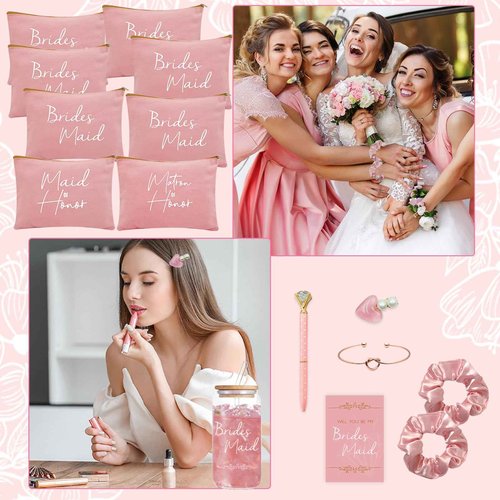 KIKINIKO 56 pcs Bridesmaid Gift Set, Pink: 16oz Glass Cups, Makeup Bags, Invitation Cards, Scrunchies, Hair Bracelets, Diamond Pens, Love Clips - Perfect for Bridesmaids or Special Occasions