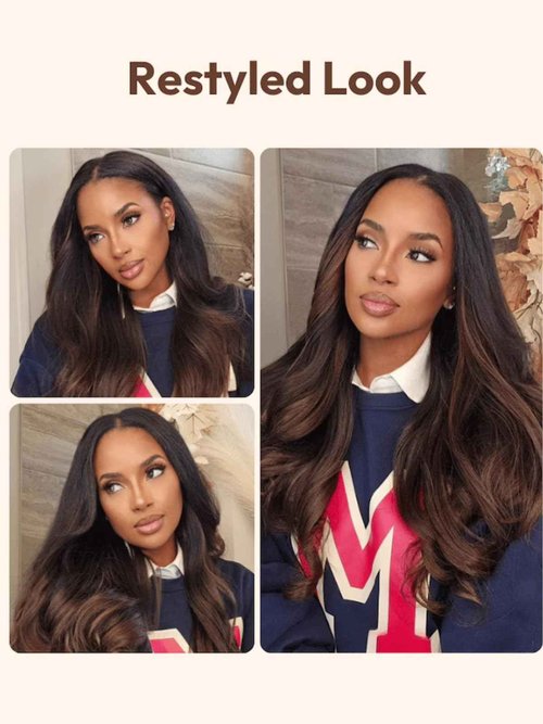 UNICE EasiContour V Part Wigs Human Hair Yaki Straight Glueless Clip in Vpart Human Hair Wig No Sew in No Glue Ombre Chestnut Brown Beginner Friendly 150% Density 20 inch