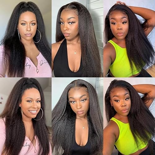 16 Inch Kinky Straight Human Hair Wigs, 13x4, 180% Brazilian Remy Hair, Yaki Lace Front Wig for Women