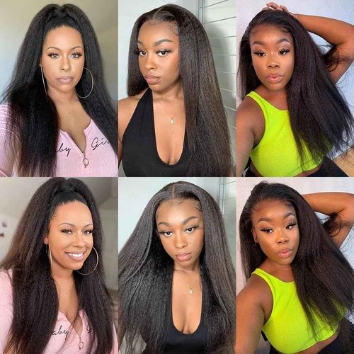 Alidiamond 16 Inch Kinky Straight Human Hair Wigs, 13x4, 180% Brazilian Remy Hair, Yaki Lace Front Wig for Women