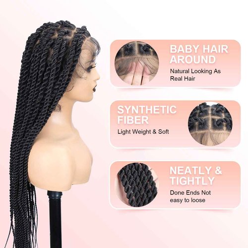 QUISDUIS Senegal Twist Wigs, 36 "360° HD Full Single-layer Lace Two Braid Wigs for Black Women Square Knotless 2 Braid Wig with Baby Hair Handmade Synthetic Hair Blended Lace Front Wig Natural Black