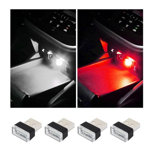 Augeny 4 PCS USB LED Car Interior Atmosphere Lamp, Plug-in USB Decor Night Light, Portable Auto Ambient Lighting Kit, Universal Vehicle Interior Accessories for Most Cars (White & Red)