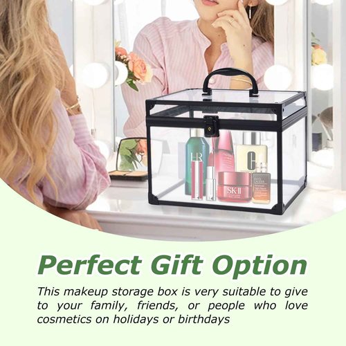 Crown Box, Clear Cosmetic Case, Acrylic Artists Display Case, Toiletry Train Case with Latches & Handle Large Capacity Acrylic Travel Makeup Tools Box for Vanity Dresser Bathroom Counter (Black)