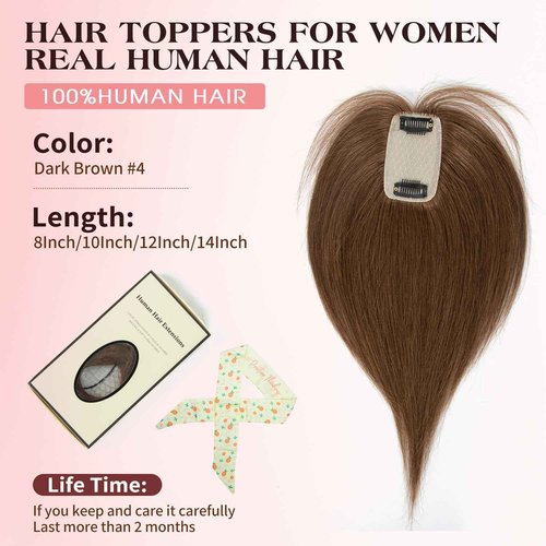 isheeny Hair Toppers For Women Real Human Hair Dark Brown #2 12Inch Human Hair Topper for Women, 2 Clips Secure Hold, Realistic Artificial-Base Scalp For Changing Your Look