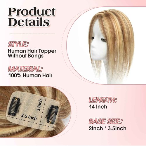 isheeny Human Hair Topper for Women 14Inch Real Human Hair Toppers For Changing Your Look, Brown Highlight Honey Natural Hair Pieces for Women With Artificial Base & 2 Secure Clips